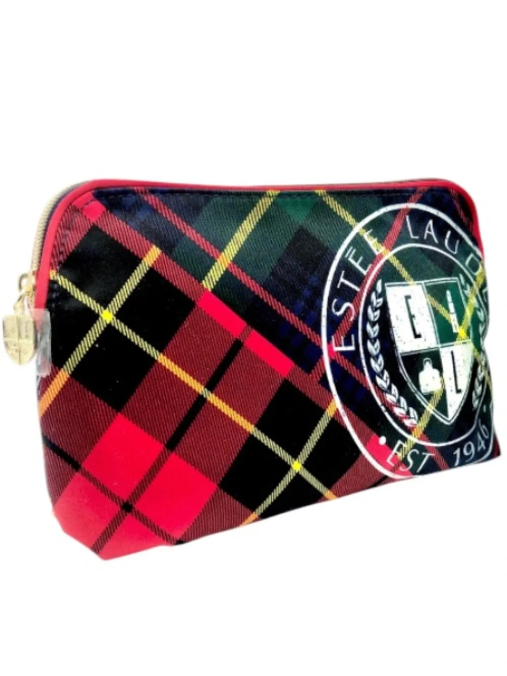 Estée Lauder Cosmetic Bag Limited Edition Tartan Plaid Luxe 1946 Crest Red Black